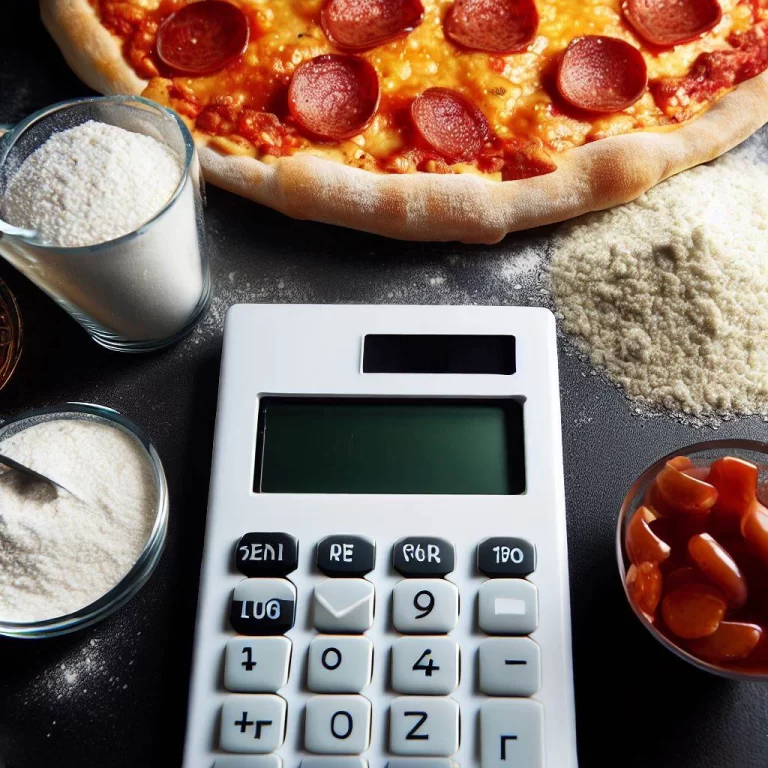 A picture of a calculator with pizza ingredients around it