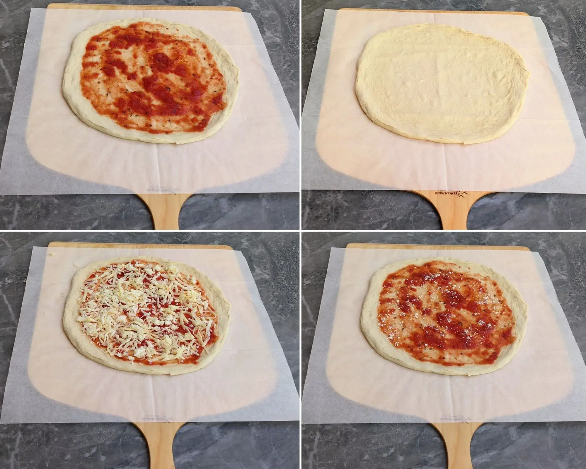 Dressed pizza on parchment paper