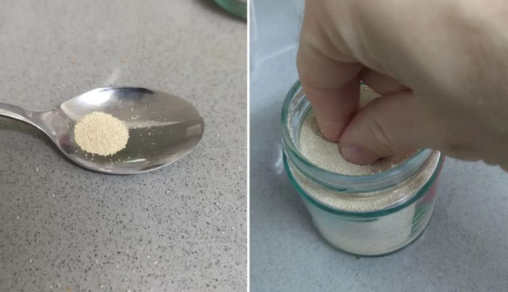 A picture showing how to use a pinch of yeast for a preferment