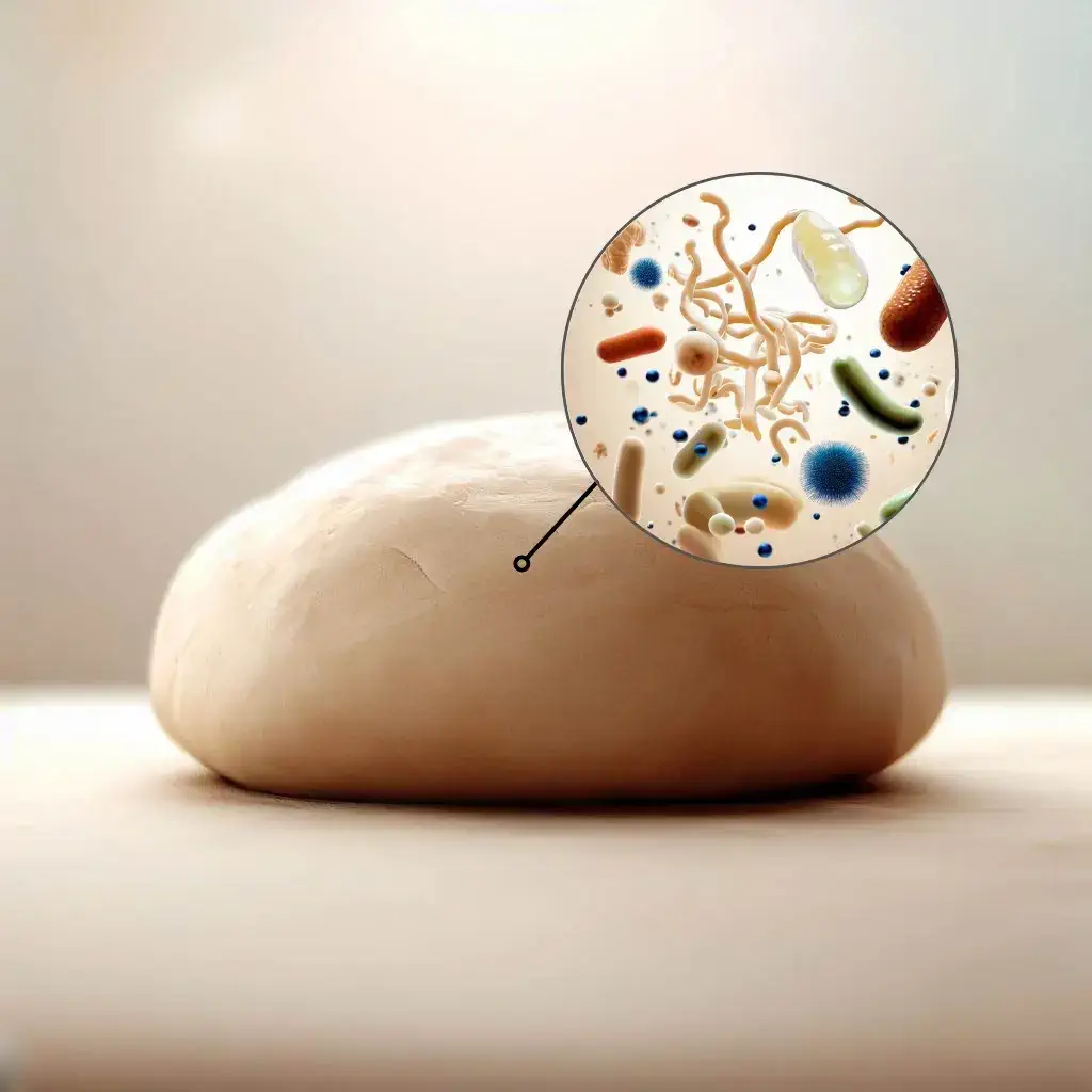 A picture depicting the process of dough fermentation, showing the presence of yeast, bacteria, and enzymes