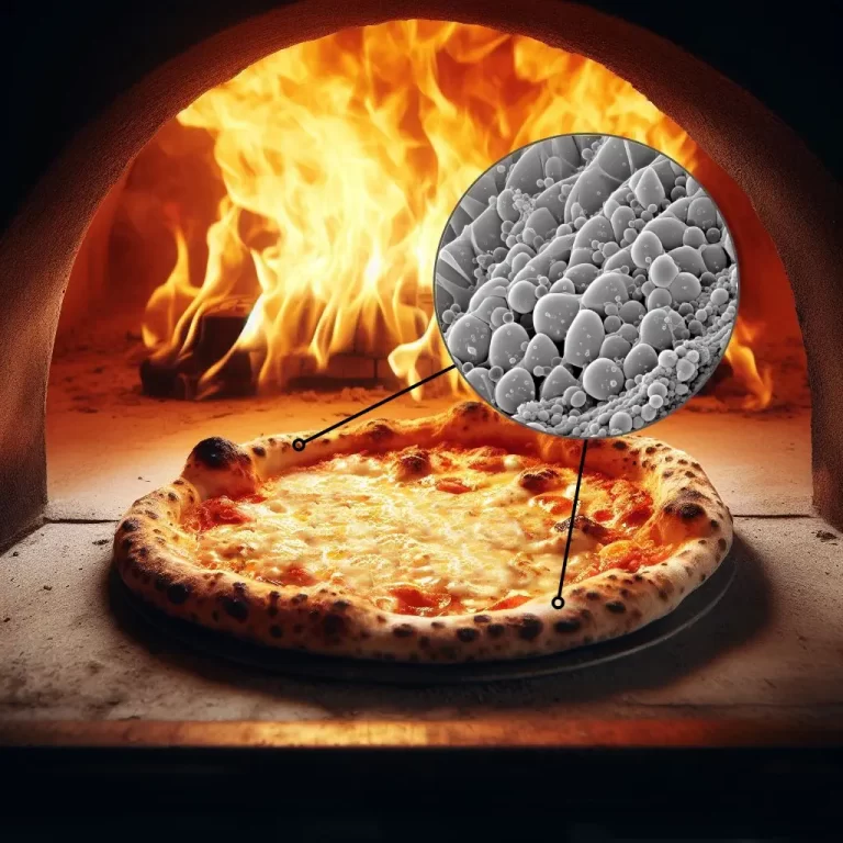 A close-up view of pizza dough during baking, revealing the microscopic changes happening inside