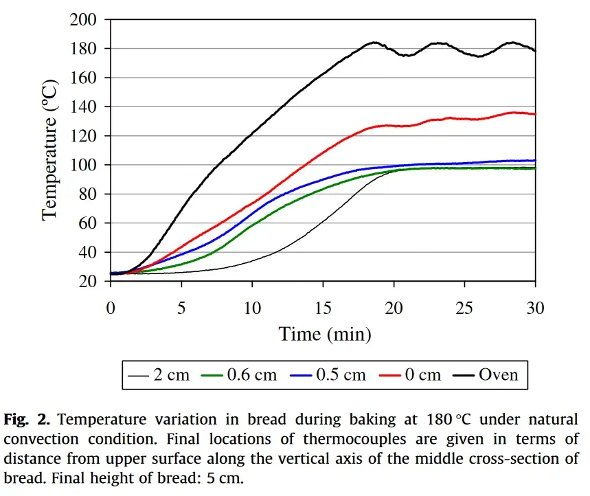 A graph showing temperatures in different sections of bread dough during baking