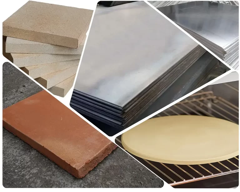 A picture of different types of baking surfaces (chammote stone, cordierite stone, biscotto, steel, stainless steel)