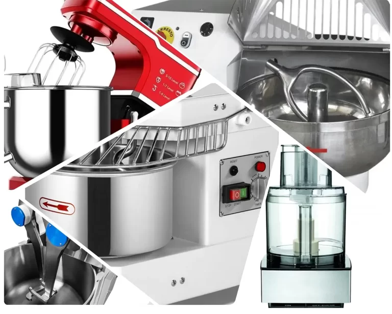 Different dough mixers (spiral mixer, fork mixer, stand mixer, diving arms mixer)