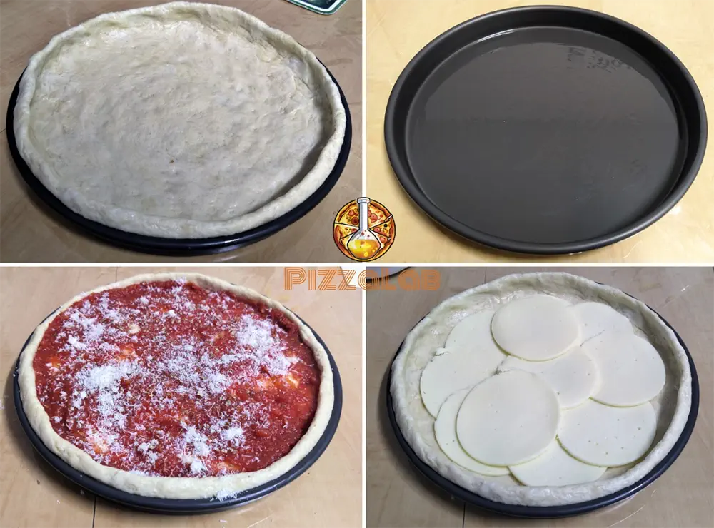 Assembly steps for Chicago deep dish pizza:
