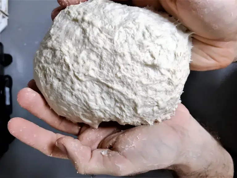 A Detroit pizza dough at the end of kneading