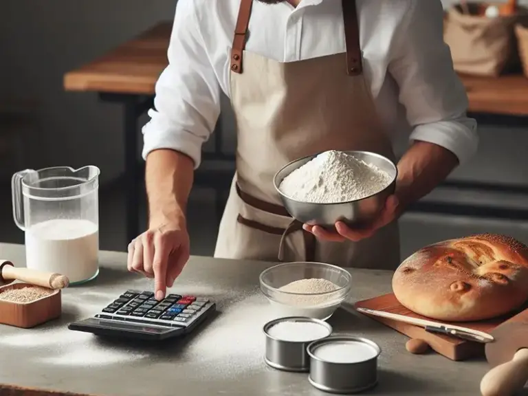A baker calculating ingredients using baker's percentages