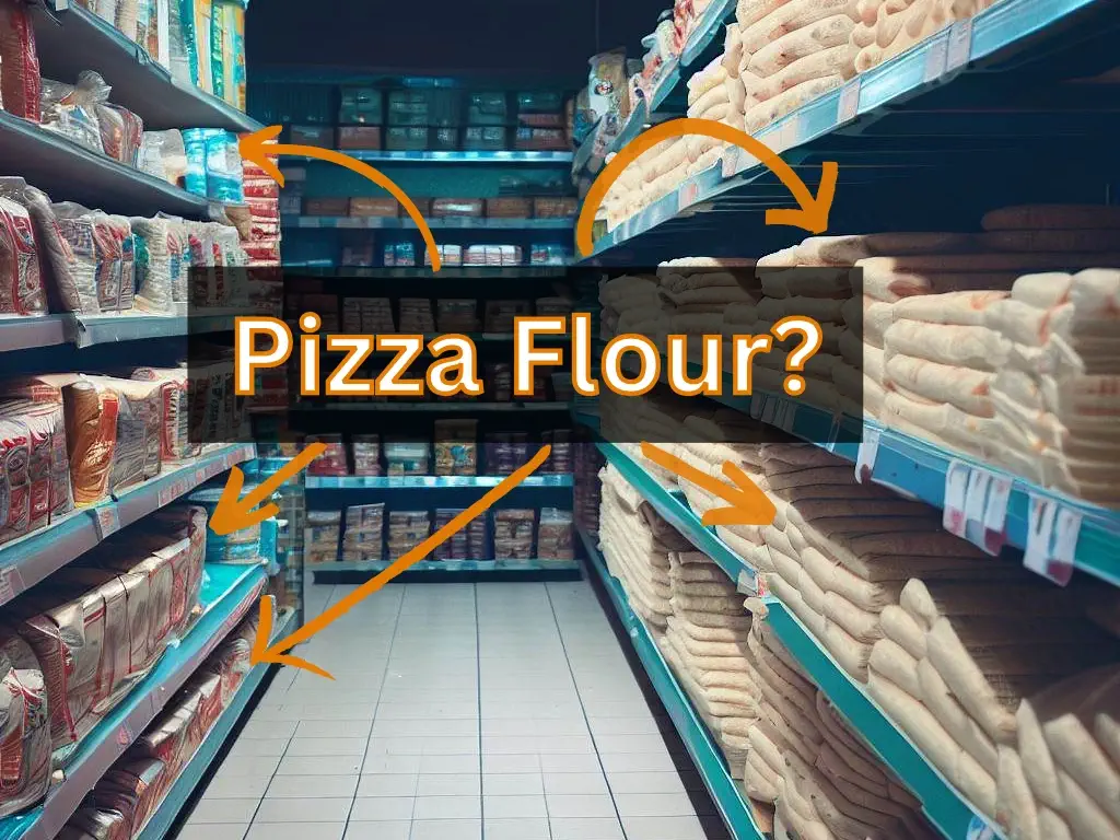 A store shelf with various pizza flours