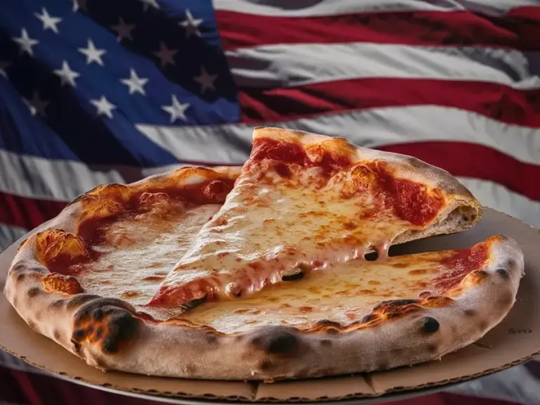 A New York pizza with the American flag on the background