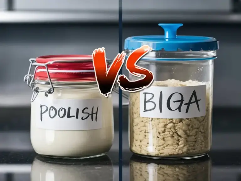 Jars containing a poolish and a biga with a "vs" between them