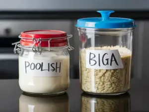 Two jars with different preferments - a poolish and a biga