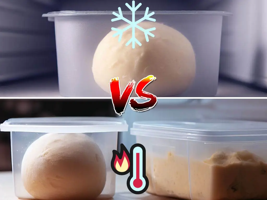 Two pizza doughs, one fermenting in the fridge and the other at room temperature