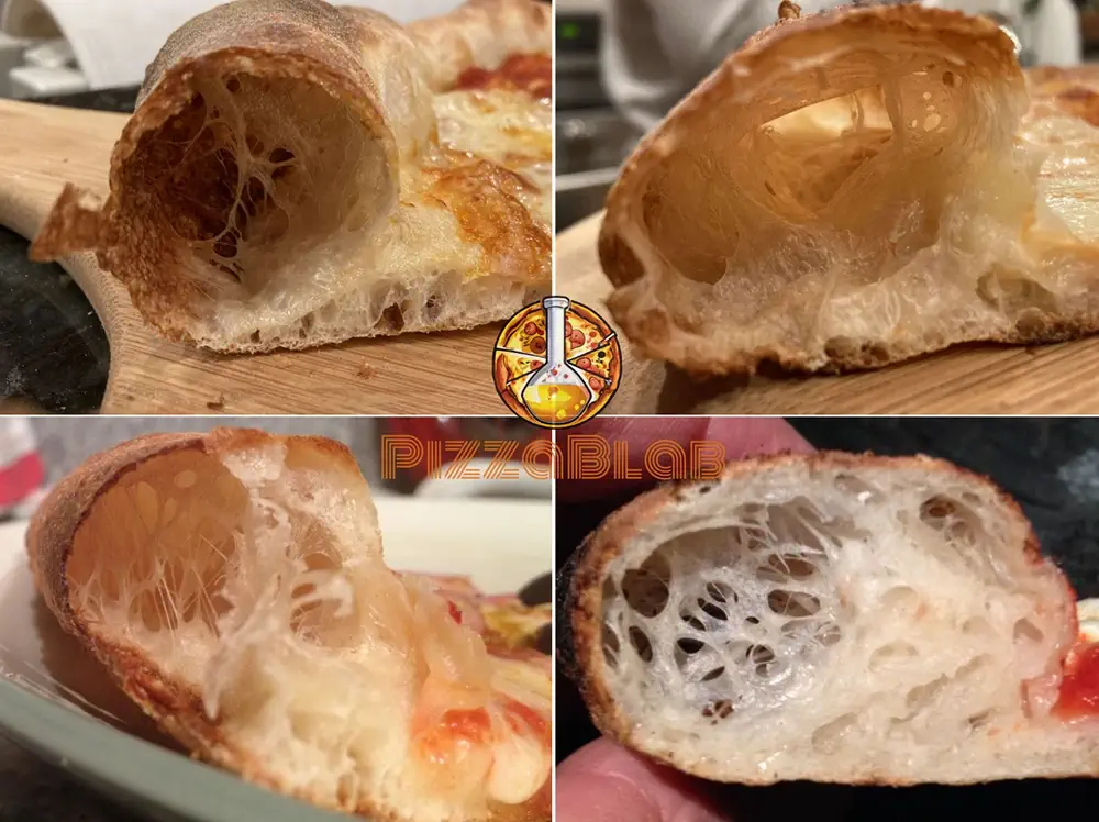 pizza crumb with collapsed gluten structure ("spiderwebs" in the crumb)