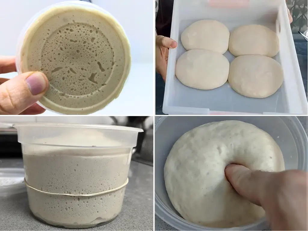 Illustration of dough fermentation tests: volume test, finger poke test, bubbles test