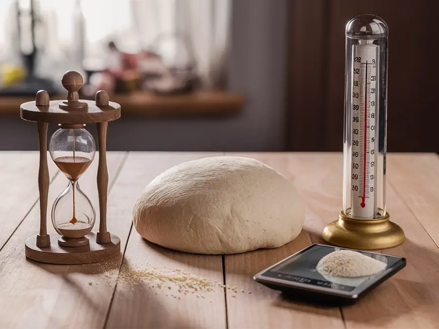 A picture showing a fermenting dough, a sand watch, a thermometer and a kitchen scale scaling yeast