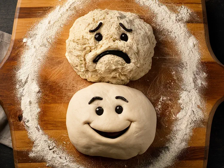 An illustration of a happy, properly fermented dough and a sad, overfermented dough