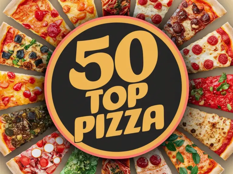 "Top 50 Pizza" logo with various pizza slices around it