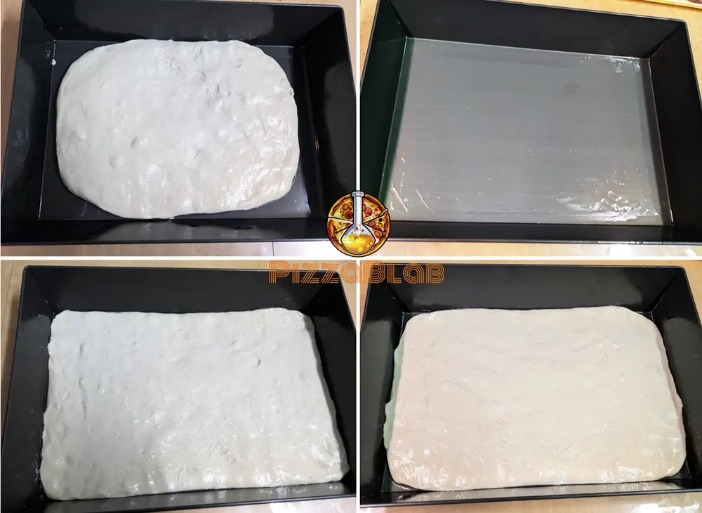 Detroit style pizza dough being stretched in the pan
