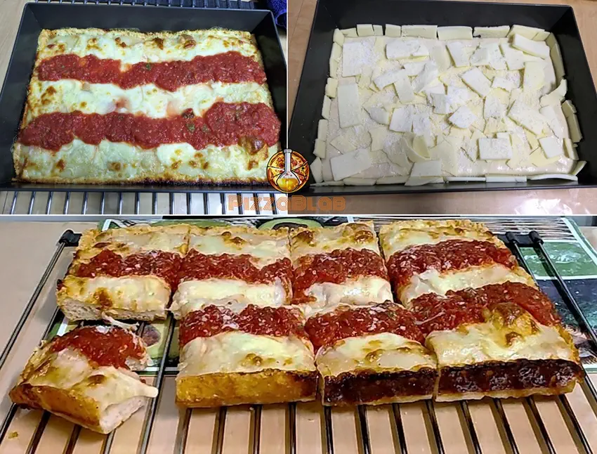 Steps for baking Detroit style pizza: adding cheese and sauce