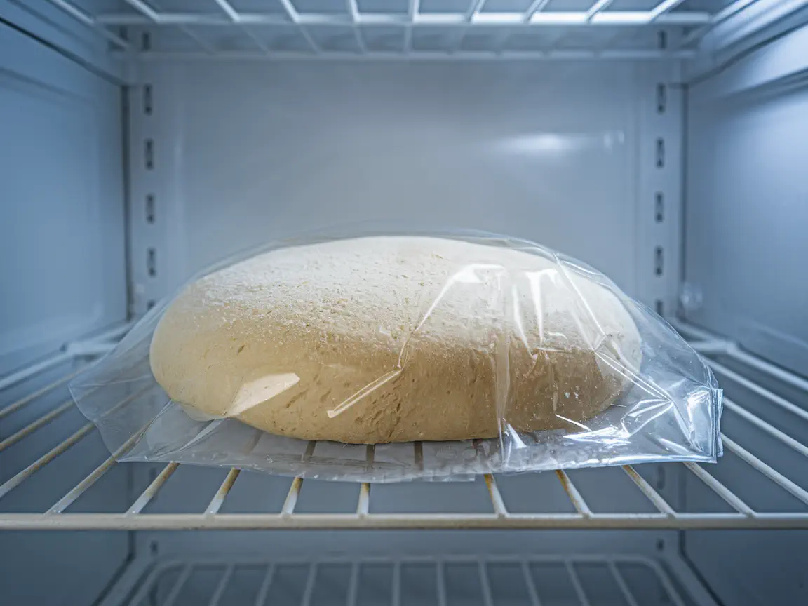 A picture of a frozen pizza dough inside the freezer