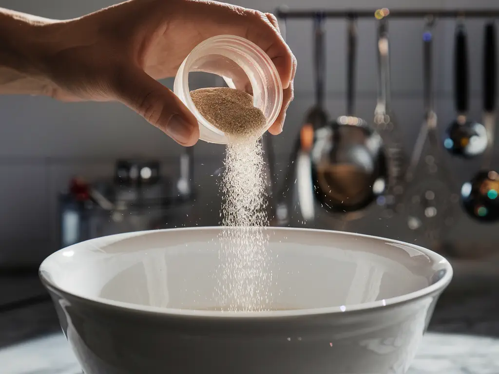 Instant yeast being added to a bowl