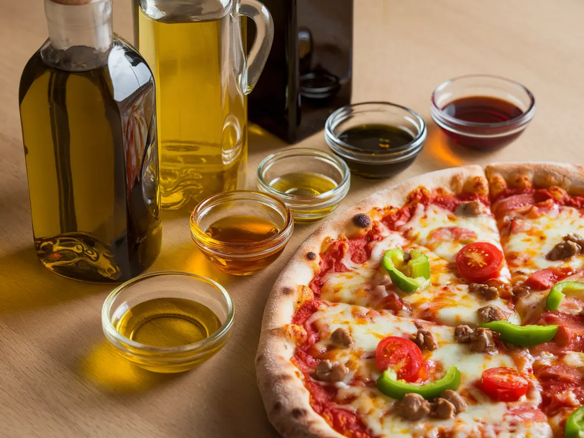 Bottles of different oils next to a pizza