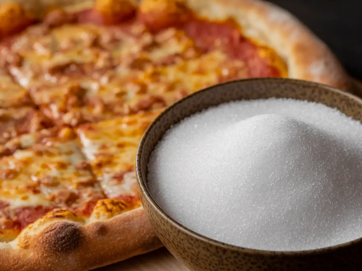 A bowl of sugar next to a baked pizza