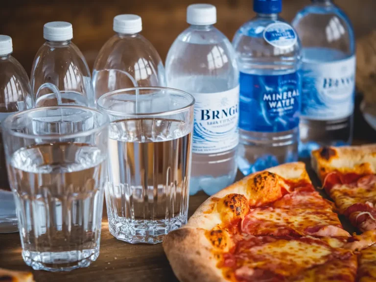 several glasses of tap water and bottled mineral water, next to a pizza