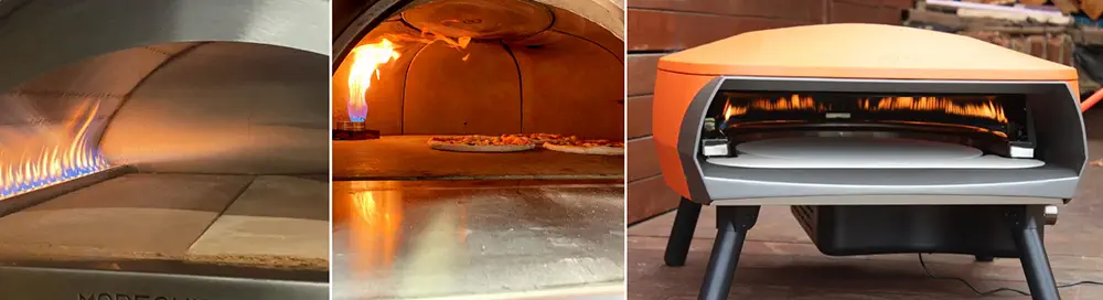 A picture of gas-fired pizza oven using live fire
