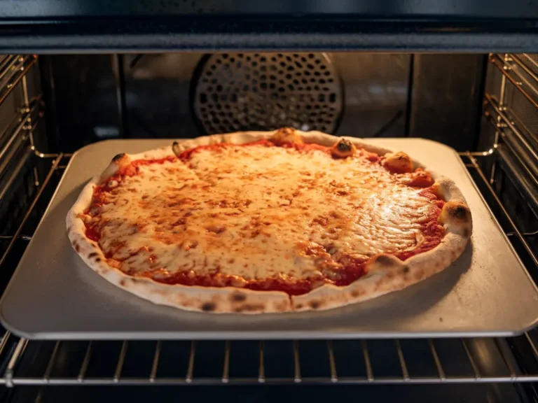 A pizza baked in a home oven