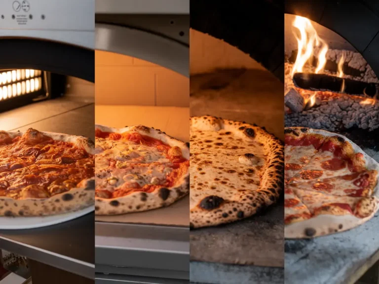 4 pizzas baked in different ovens (coal, fire, electric, gas)
