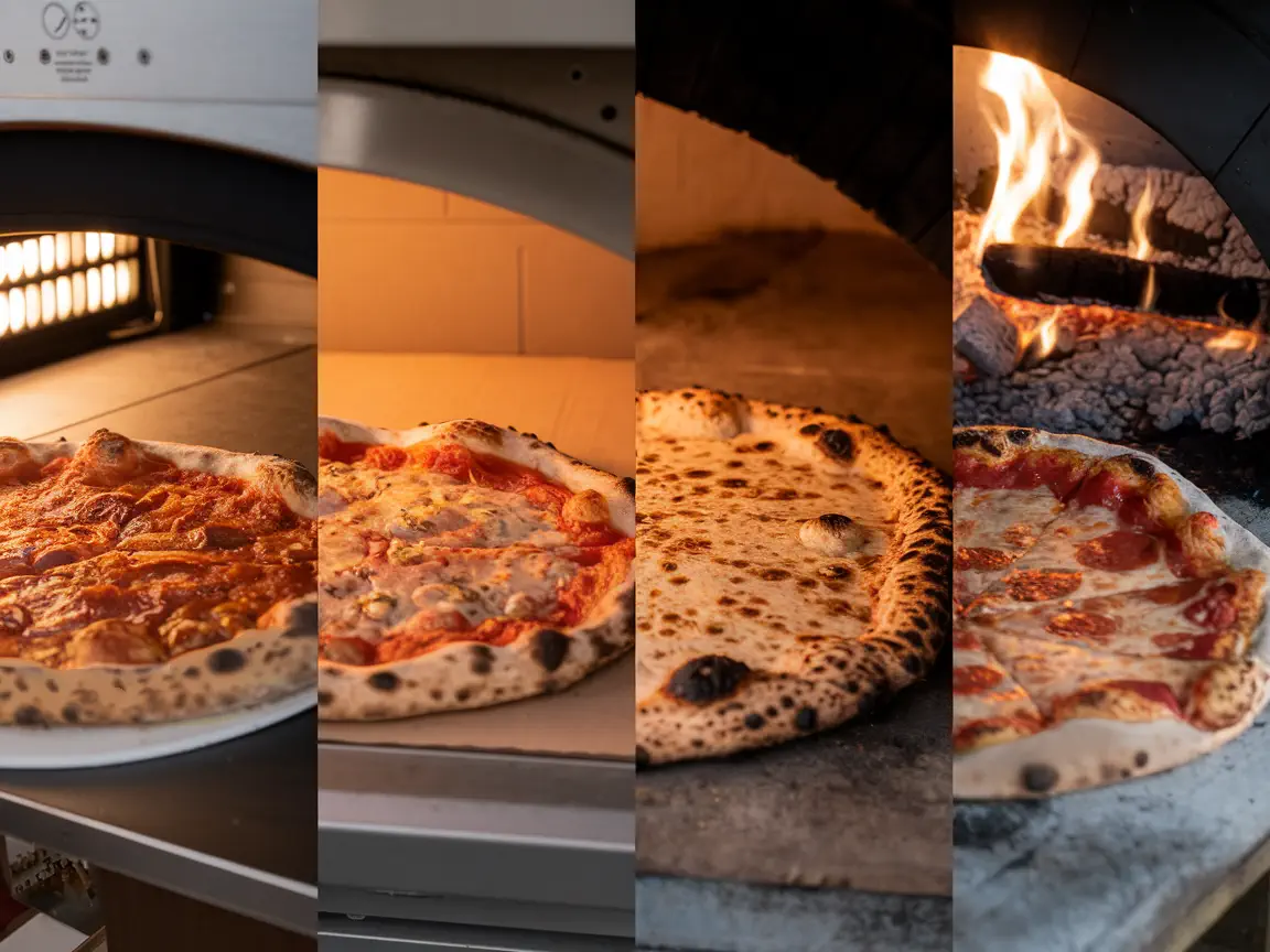 4 pizzas baked in different ovens (coal, fire, electric, gas)