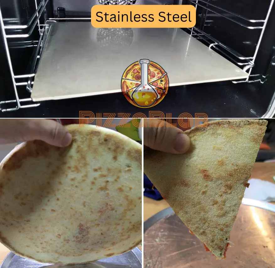 The bottom of a pizza baked on a stainless steel surface