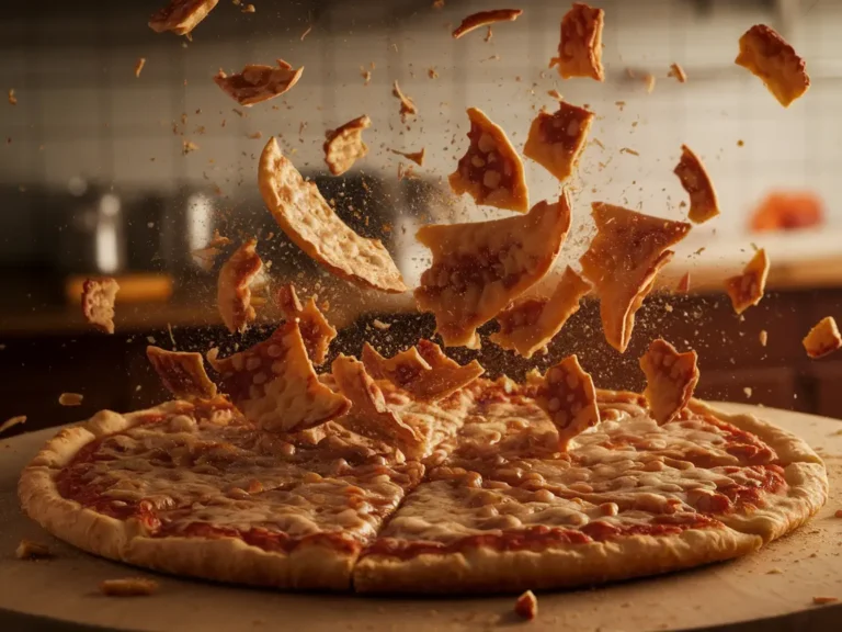 A shot of a crispy pizza being shattered into many crispy pieces