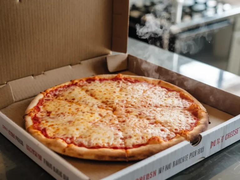 A steaming hot pizza inside a delivery box