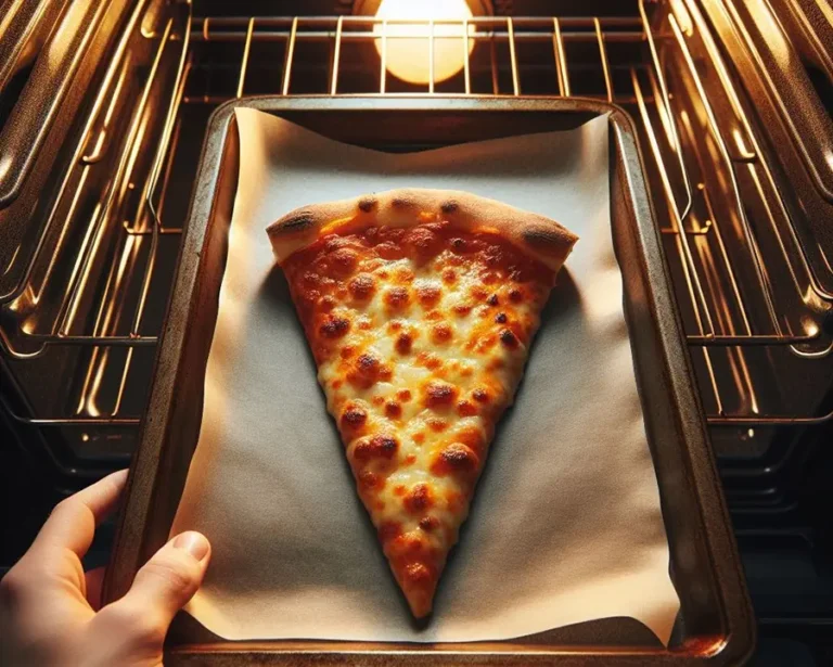 A slice of pizza reheating in the oven