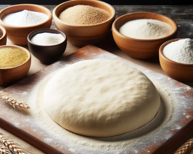 A pizza dough ball surrounded by different types of bench flour