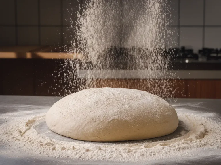 Dusting flour sprinkled on a pizza dough ball from above