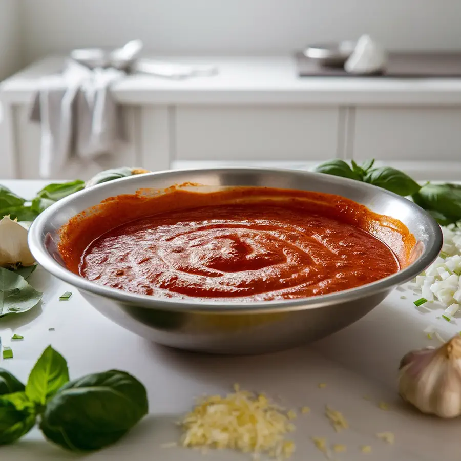 A bowl with pizza tomato sauce