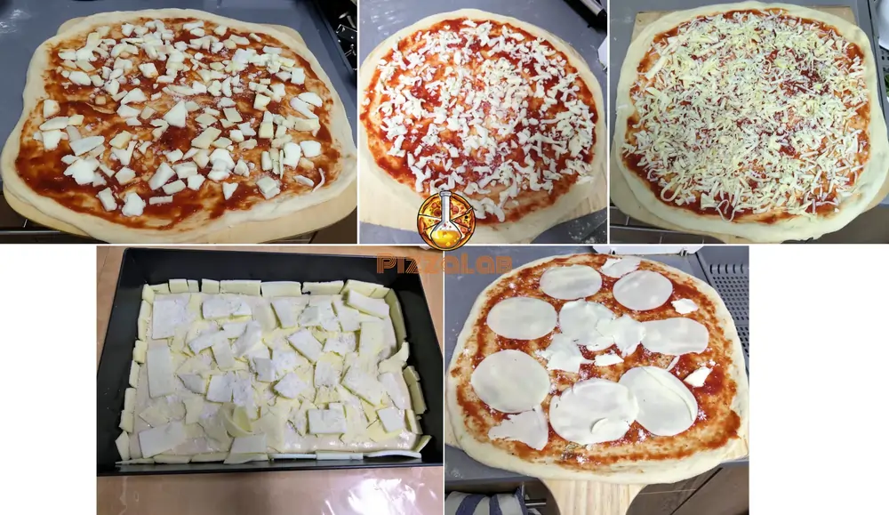 Example of various cheese cutting shapes and its application on pizza