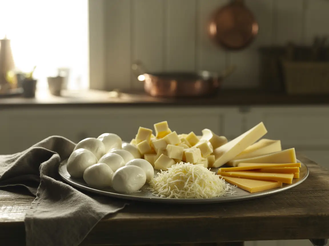 A plate with various cheeses for pizza